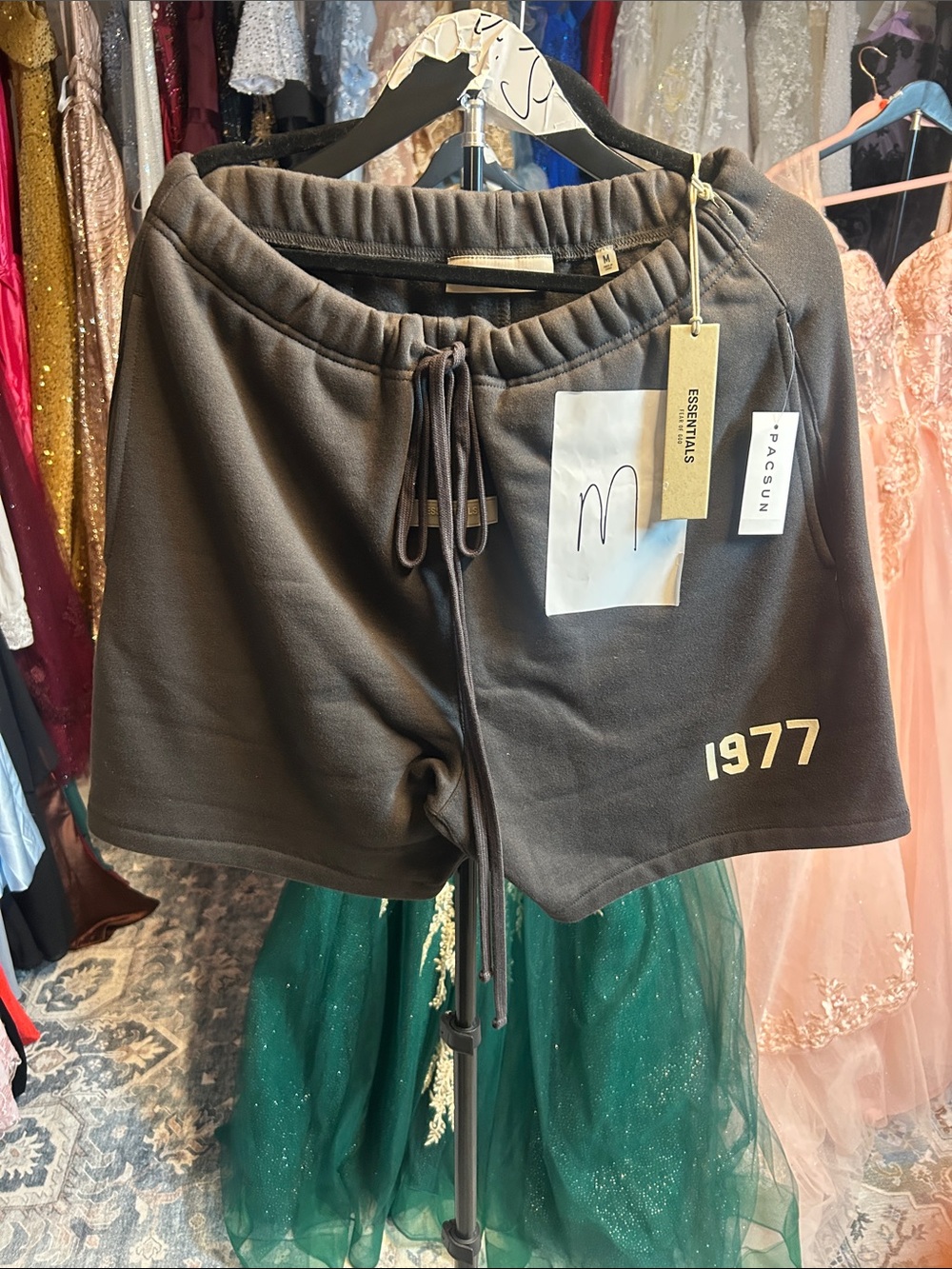 PacSun Essentials Black Athletic Drawstring Shorts with 1977 Print